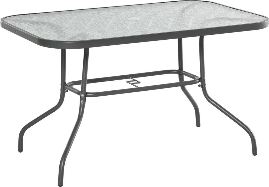 Gartentisch Bistrotisch Balkontisch Garten Beistelltisch Bistrotisch Gartenmöbel mit Glasplatte Schirmloch Hartglas + Metall Carbongrau 120 x 80 x...