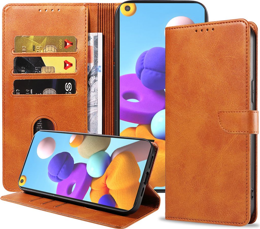 Geschikt voor Samsung Galaxy A21 Telefoonhoesje Kunstleer met Magnetisch lipje en Pasjeshouder Book Case met Klepje - Bruin - Smartphonica