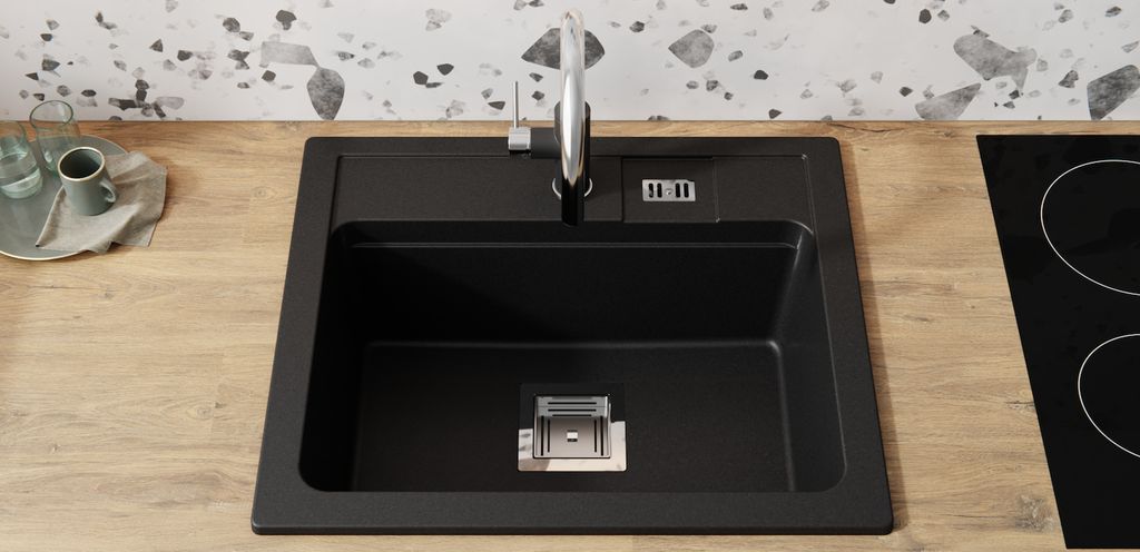 Granitspüle Küchenspüle 59x50 - Schwarz Graphit Einbauspüle - designer Siphon