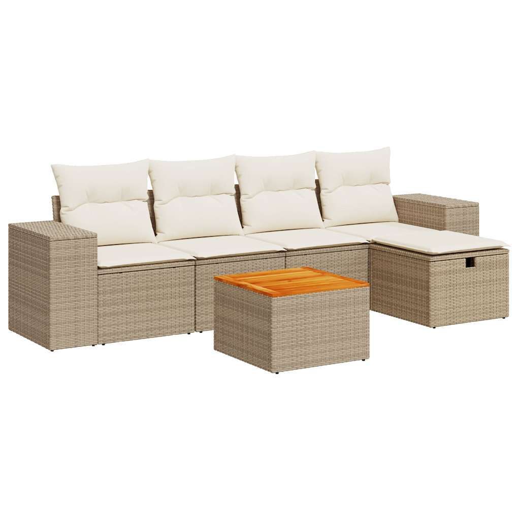6-tlg. Garten-Sofagarnitur mit Kissen Beige Poly Rattan