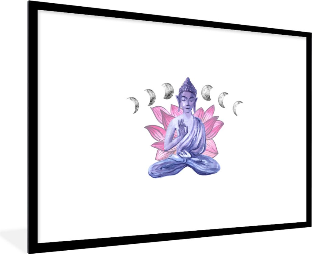 MuchoWow MuchoWow Gerahmtes Poster Buddha - Blumen - Mond 90x60 cm - Poster mit zchwarzem Bilderrahmen - Wanddekoration - Fotos