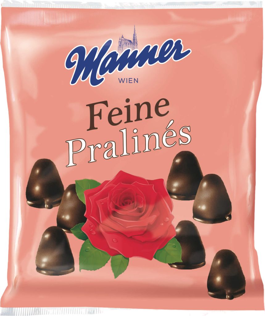 A bag of Manner Feine Pralinés chocolates with a rose illustration.