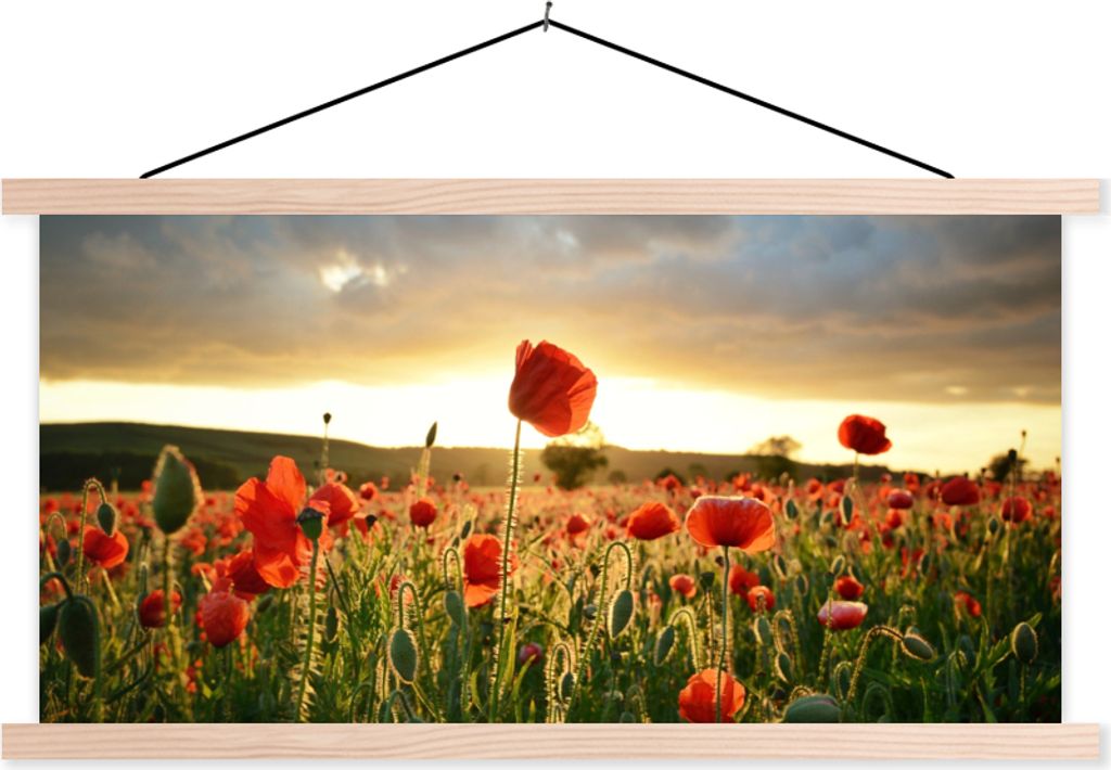 MuchoWow Textilposter Bunter Himmel über vielen Mohnblumen 60x30 cm mit holzfarbenen Rahmen - Dekoration