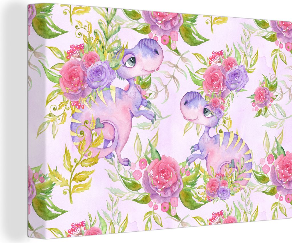 OneMillionCanvasses - Leinwandbilder - 140x90 cm, Dinosaurier - Blumen - Kinderzimmer - Mädchen - Rosa - Mädchen, Wandbilder Kunstdruck Wanddek...