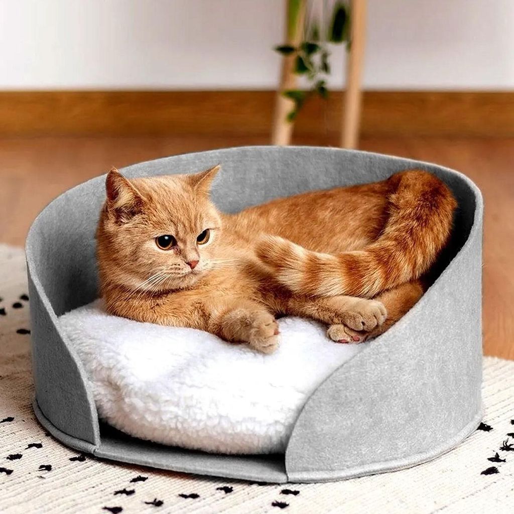 Katzenbett Hundebett rund grau mit Plüschkissen, Filz Körbchen weich & warm