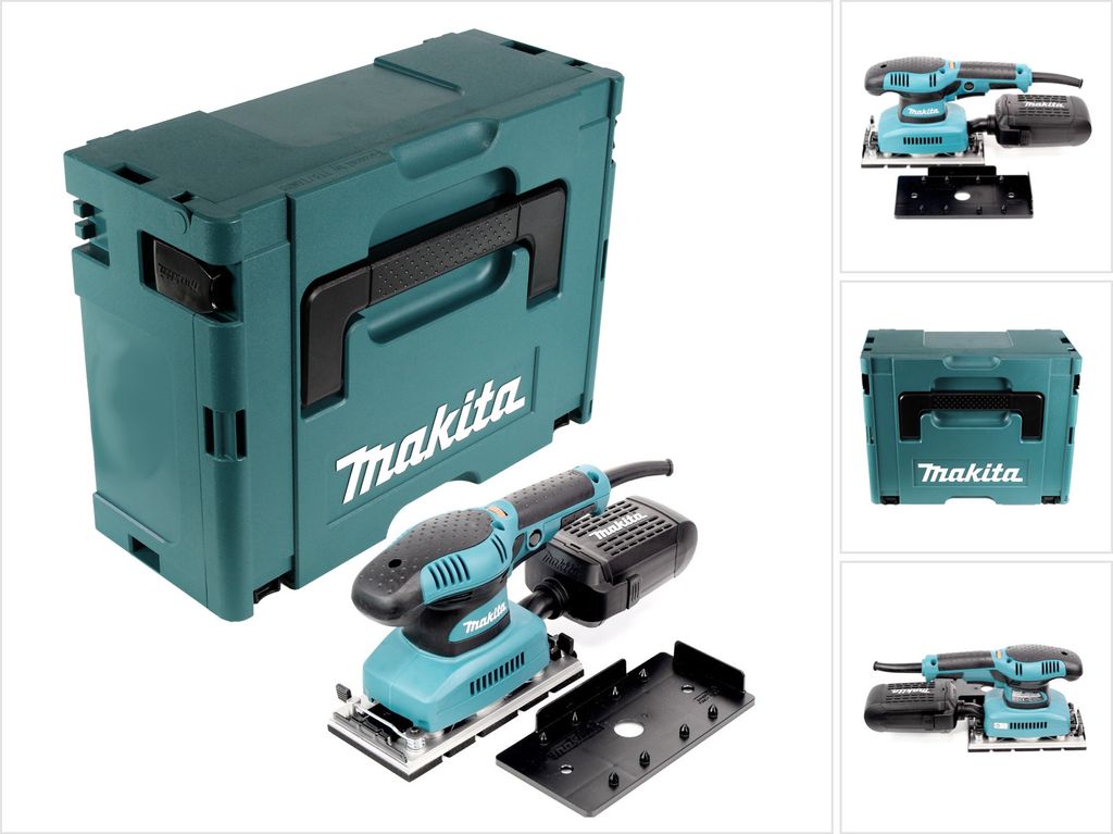 A collage of images showing a Makita orbital sander and its storage case.