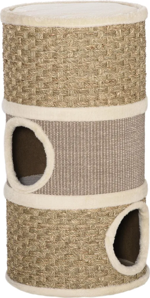 Tonneau pour Chat 3 Niveaux en Herbiers Marins et Sisal Kaki/Marron