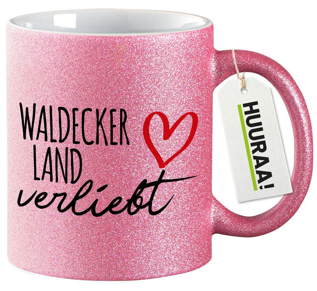 Huuraa Glitzertasse Waldecker Land verliebt 330ml Pink Produktbild 