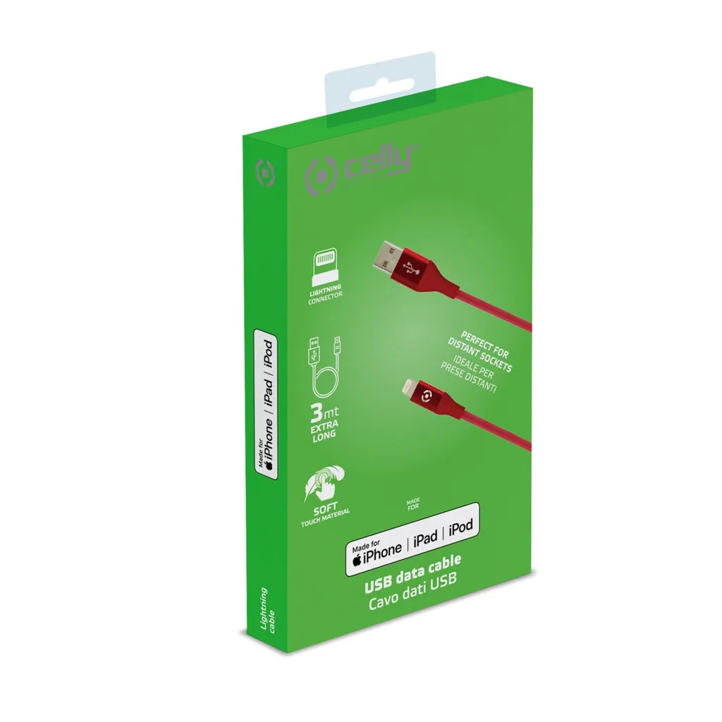Celly USBLIGHTCOL3MRD Câble Lightning 3m Rouge pour iPhone et iPad - 4