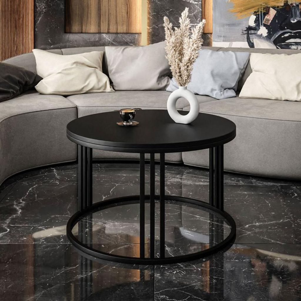 Ronde salontafel LORI, mat zwart, van rundleder Productafbeelding 