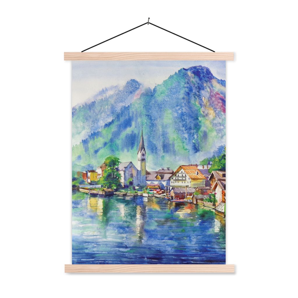 MuchoWow Textilposter Gemälde - Ölfarbe - Haus - Berge - Wasser 40x53 cm mit holzfarbenen Rahmen - Schlafzimmer
