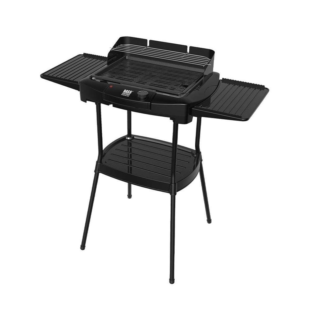 A black electric grill on a stand, shown against a white background.