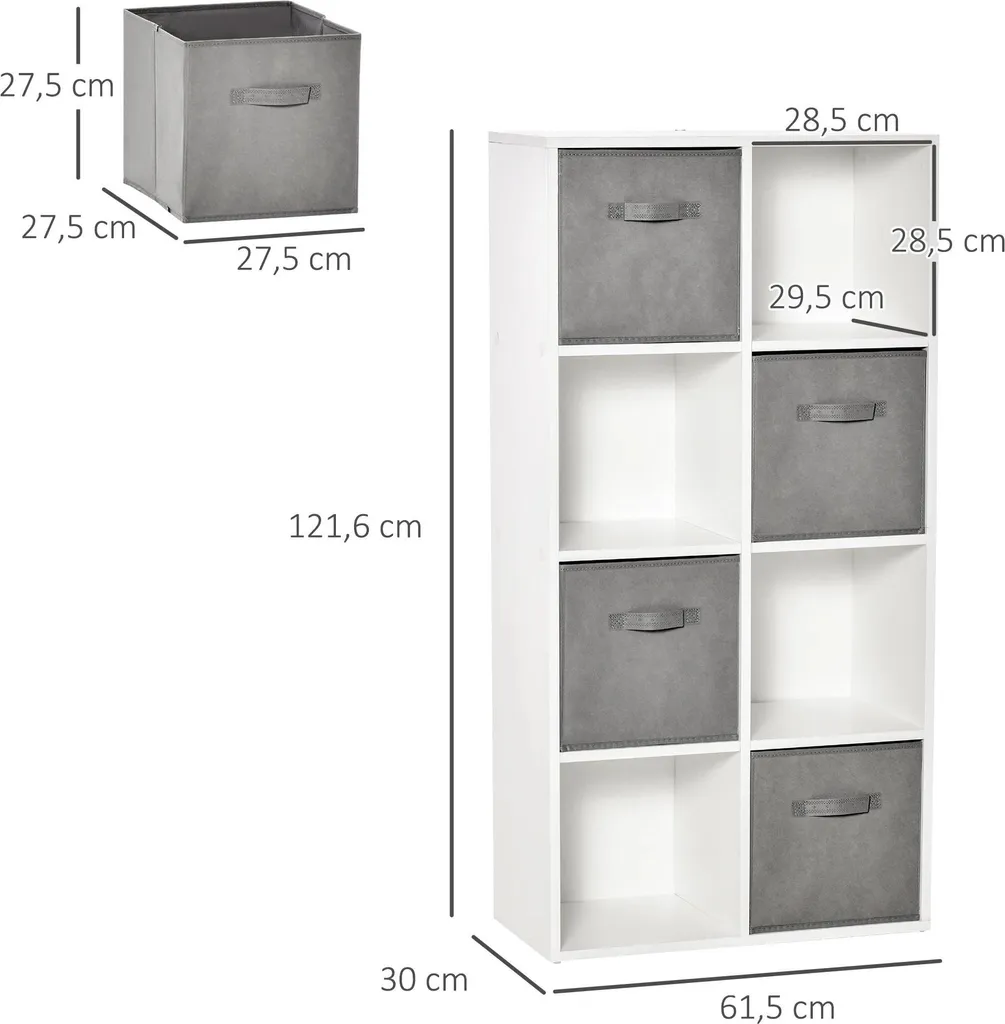 Étagère à 8 compartiments avec 4 boîtes en tissu - Bibliothèque Blanche