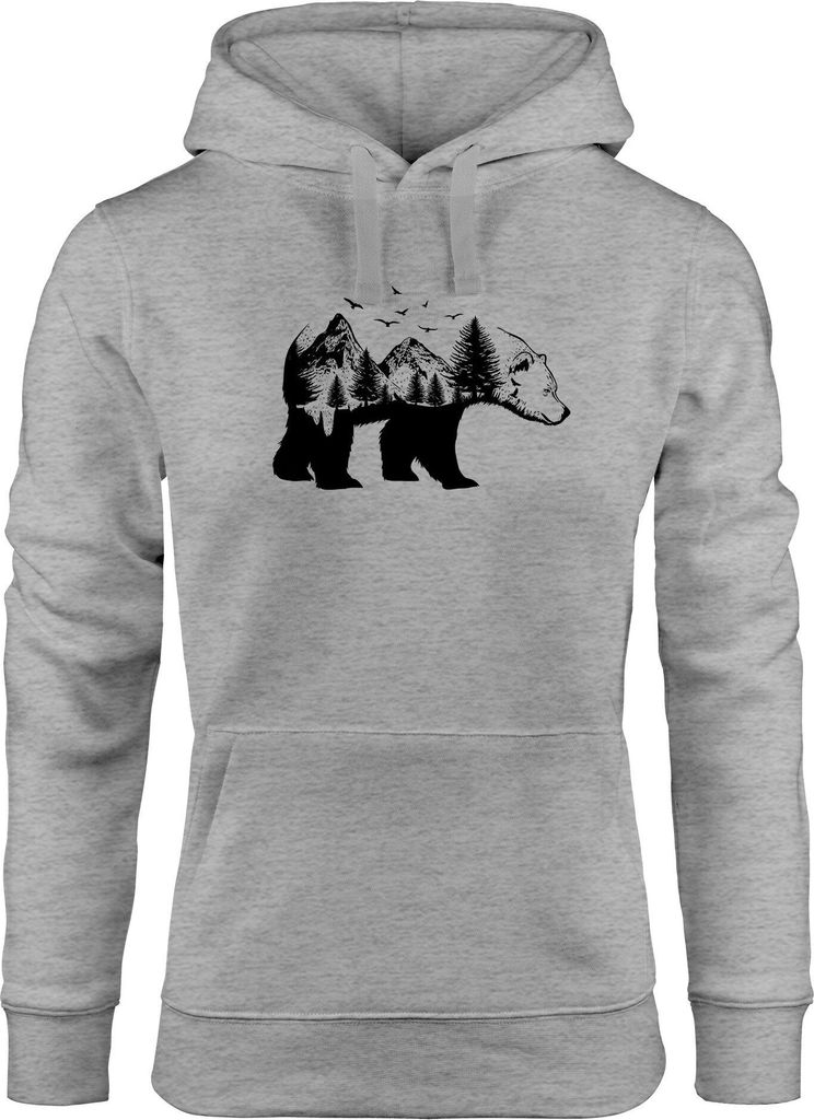 Hoodie Damen Bär Kunst Grafik Printshirt Tiermotiv Adventure Print Aufdruck Kapuzen-Pullover Fashion Streetstyle Neverless grau S