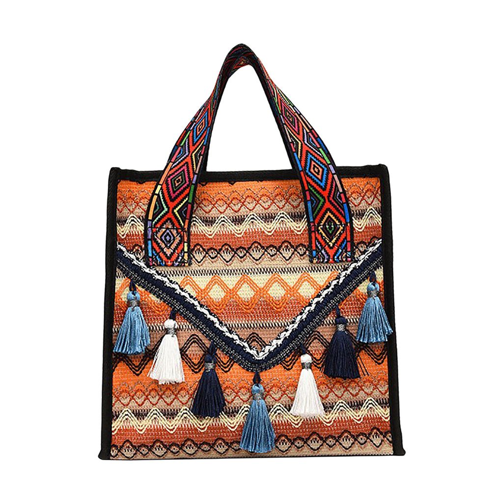 Damen Geflochten Handtasche mit Quasten, Vintage Ethno-Stil Henkeltasche, Braun