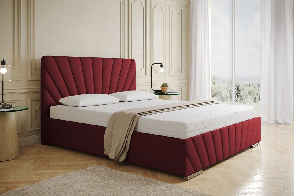 Polsterbett RAY - Komfortbett mit Stauraum, Doppelbett, Rot, 140x200cm, Taschenfederkernmatratze, H3