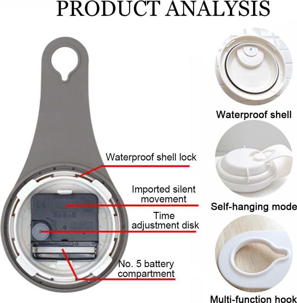 Einfache Badezimmeruhr, Küchenuhr, wasserdichte und geräuschlose Haushaltsuhr mit Saugnapf,white