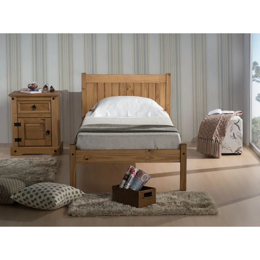 Lit robuste 90x200 cm sans grincement en pin ciré pour sommeil paisible