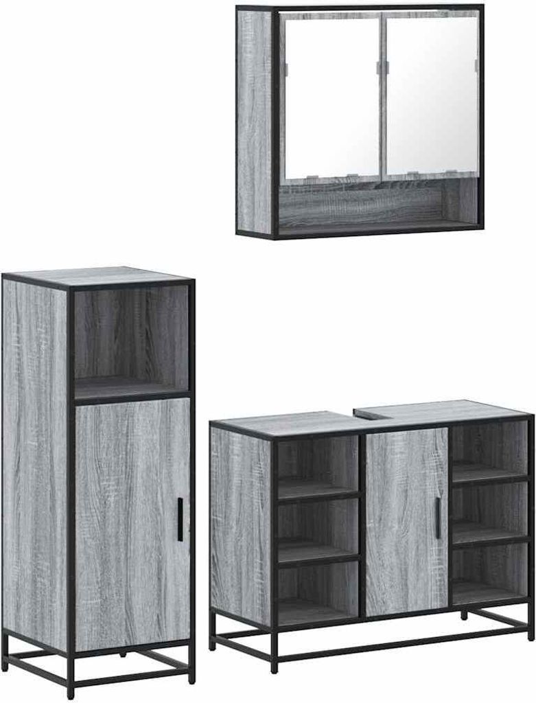 (Robust Möbel) 3-tlg. Badmöbel-Set stylische - Badezimmerschrank, Badschrank - Grau Sonoma Holzwerkstoff - Badezimmerschränke DEMöbel552750