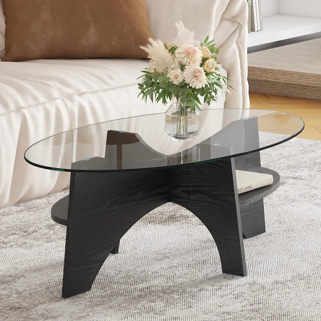 Table basse ovale sécurisée en verre et bois noir : fini le désordre