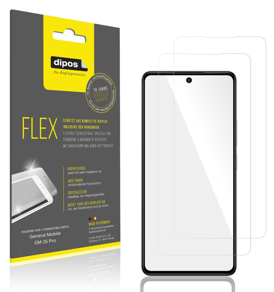 2x Schutzfolie für General Mobile GM 26 Pro Folie, 100% Displayabdeckung, dipos Flex