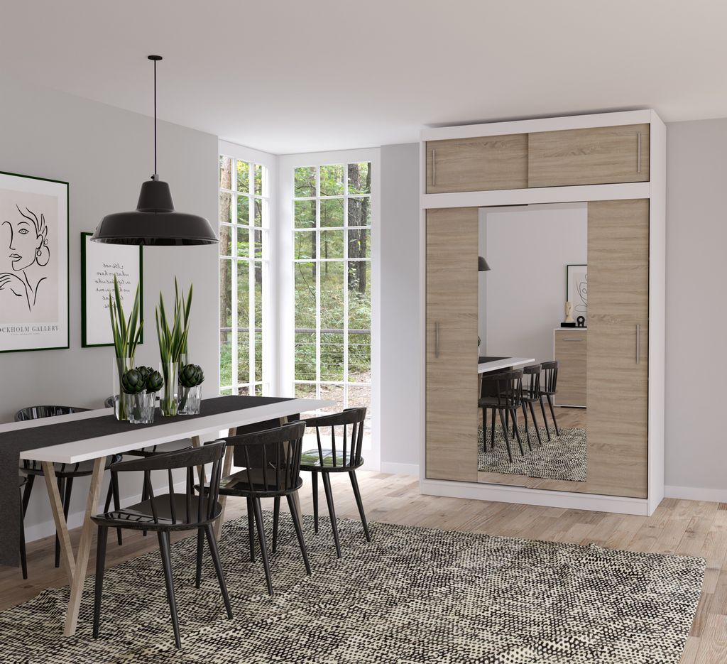 Schwebetürenschrank Kleiderschrank Schrank mit Spiegeln 150cm und Aufsatz 150/45/61cm Weiß/Sonoma Vista 01