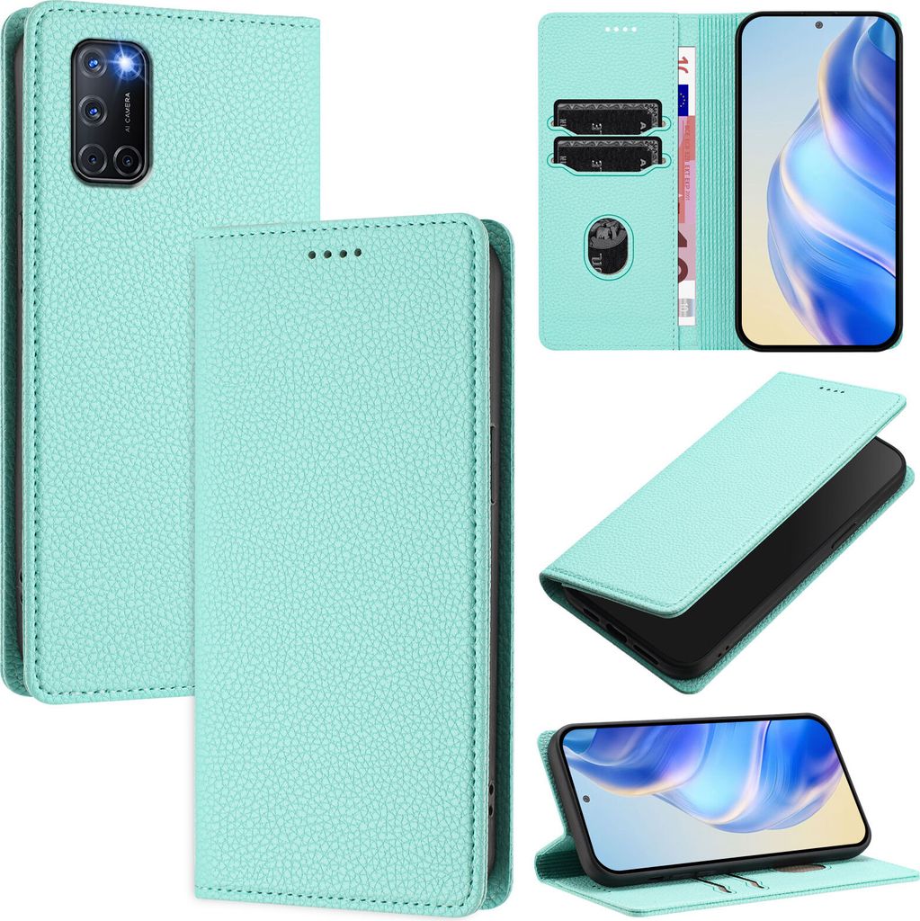 Litchi Leder Handyhülle für Oppo A52/A72/A92 4G Wallet Kartenfächer Standfunktion Hülle Türkis