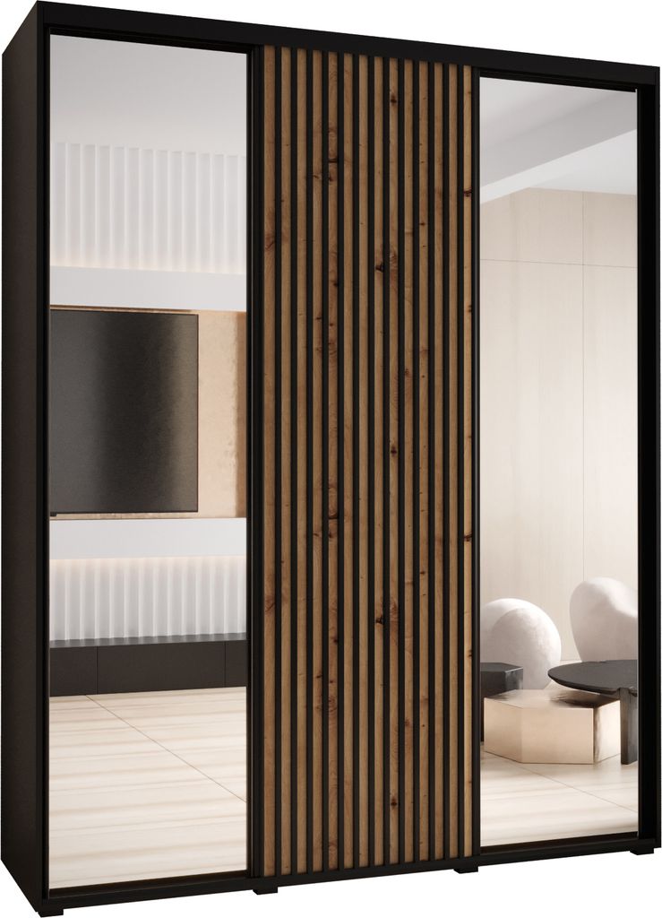 MEBLE KRYSPOL Lanko 2 Schrank mit 3 Schiebetüren - 235,2x200x45 cm - Schwarz Artisan Schwarz