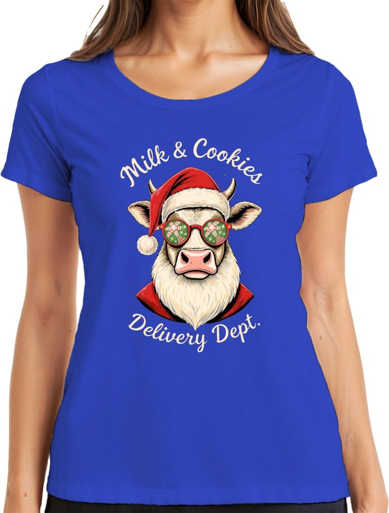 Milk & Cookies Delivery Dept Weihnachtskuh Brille Lustig Damen T-Shirt, Blau, XXL