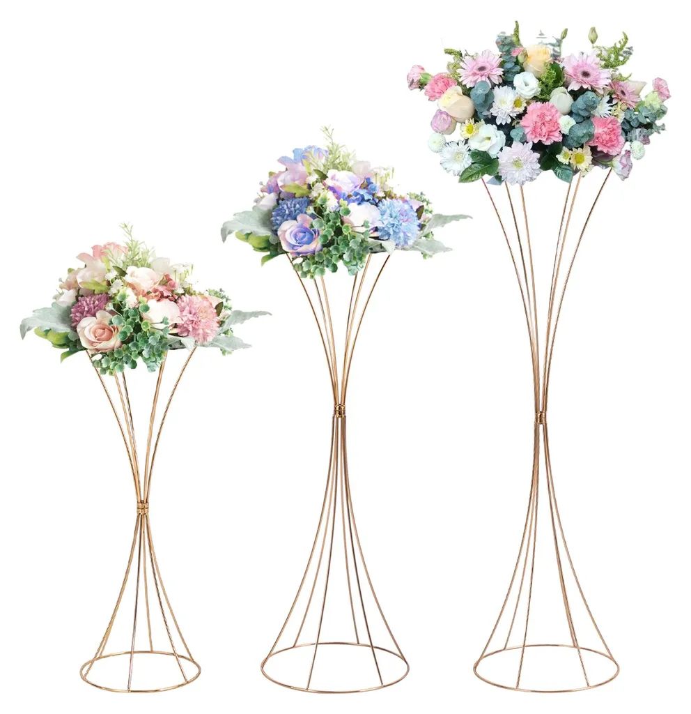 Lot de 3 Supports à Fleurs en Métal Doré pour Décoration Mariage Chic