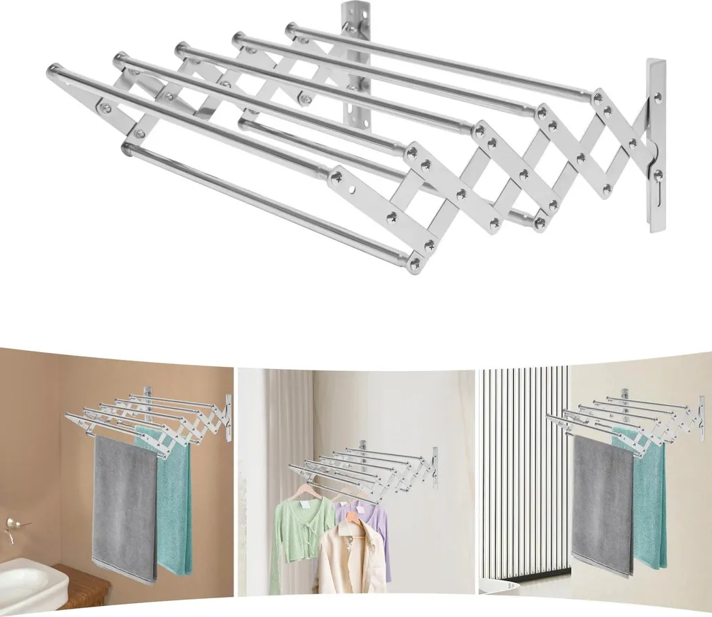 Séchoir mural 7 barres acier inoxydable extensible 42-80cm argenté