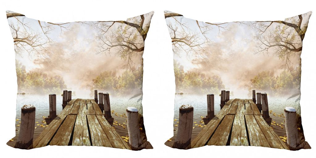 ABAKUHAUS Herbst Kissenbezug Set (2Stück), Fall See in Wald, Doppelseitiges Digitaldruckdekor mit Reißverschluss, 45 cm x 45 cm, Pale Braun Grün...