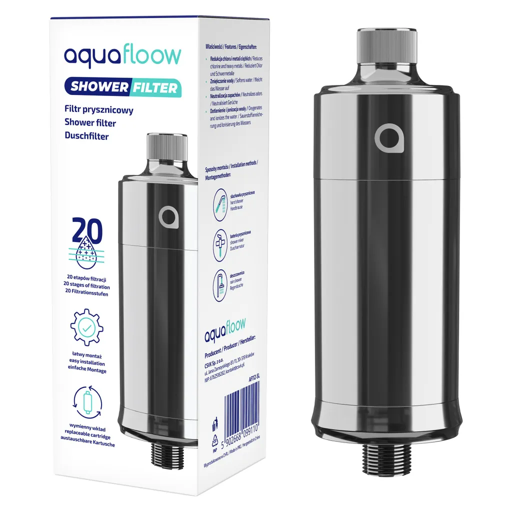 AquaFloow Filtro Doccia Argento 20 Stadi: Protezione per Pelle e Capelli