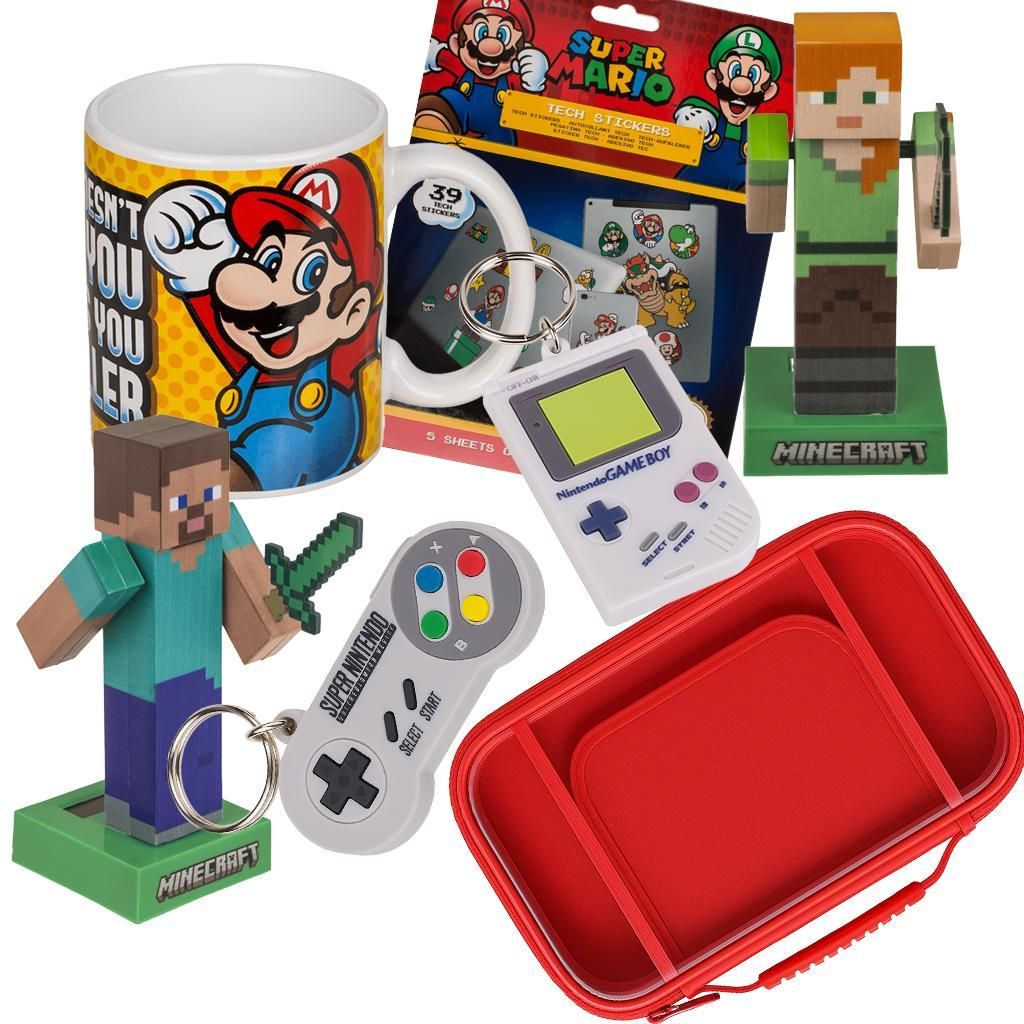 Nintendo meets Minecraft Geschenkset – Super Mario Becher, Minecraft Figuren, Schlüsselanhänger & Switch 2 Case Korall Rot – Gamer Bundle fü...