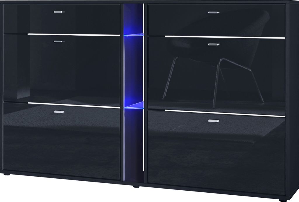Vladon Schuhschrank Schuhkipper Today 155,5 x 95 x 28 cm, mit blauer LED Beleuchtung, Germany, Korpus in Schwarz matt, Fronten in Schwarz Hochglanz