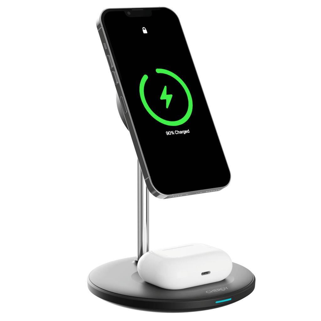 CHEROY PowerDuo - 2 in 1 Kabelloses Ladegerät - 15 W Qi MagSafe Ladestation - Für iPhone & AirPods - iOS & Android - Schwarz