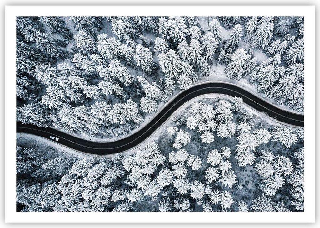 Poster - Poster ohne Rahmen - Wald Winter Straße - 100x70 cm - Wand Bild - Wanddeko - Wandbilder - Kunstposter - Wandposter - Bilder - Kunstdruck ...