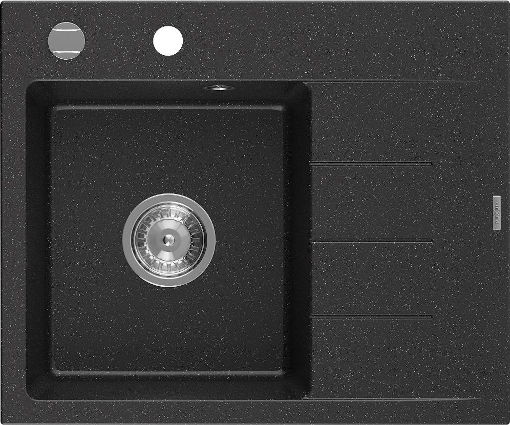 Mexen Ben Granitspüle 1-beckig mit linker Abtropffläche 600 x 500 mm, schwarz/silber metallic, Siphon chrom - 6522605000-73