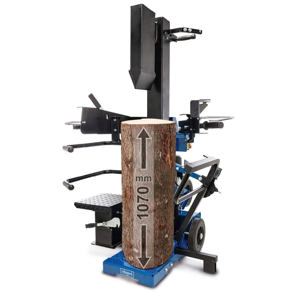 A log is placed on a log splitter with a measurement indicating its height.