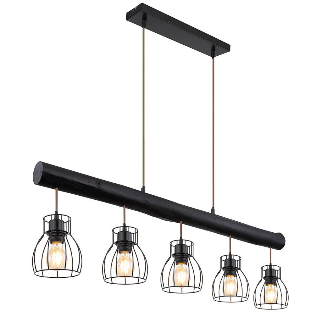 Hängeleuchte, Balken, natur, Gitter, schwarz-matt, H 140 cm