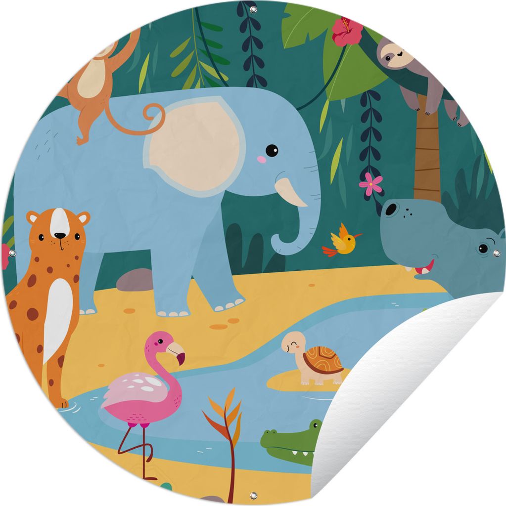 MuchoWow Gartenposter Outdoor-Poster Rund Dschungel - Elefant - Tiere Ø 120 cm Gartendeko Rundes Poster draußen