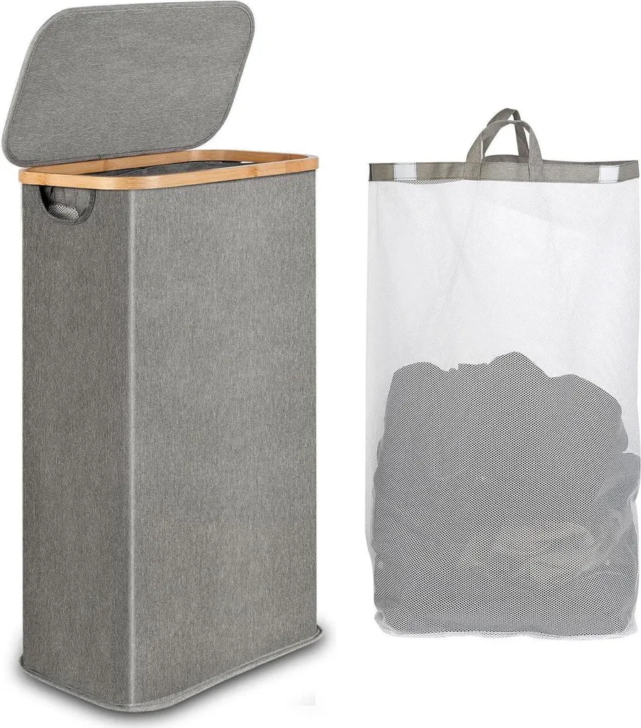 Panier linge 60L anti-odeur bambou gris pliable avec doublure lavable