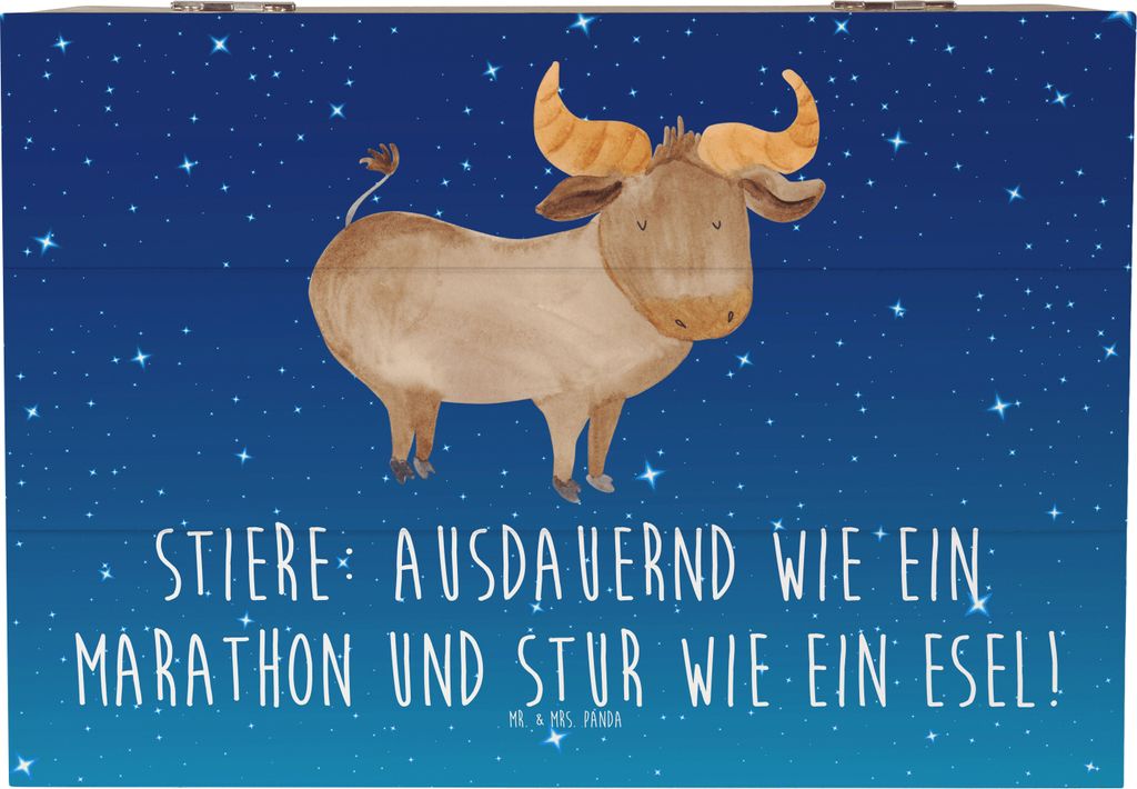 Mr. & Mrs. Panda Schatulle Starker Stier 22 x 15 cm - Sternenhimmel Blau - Geschenk, Holzkiste, Ausdauer, Spruch, Sternzeichen, Tierkreiszeichen, G...