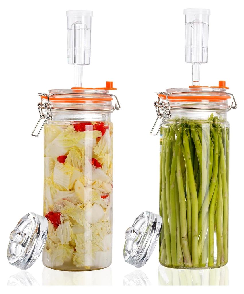 Set aus 1,3L Fermentiergläsern mit Gäraufsätzen und Gewichten – Fermentationsgläser für Sauerkraut, Kimchi, Kombucha, Gurken und mehr (2 St...