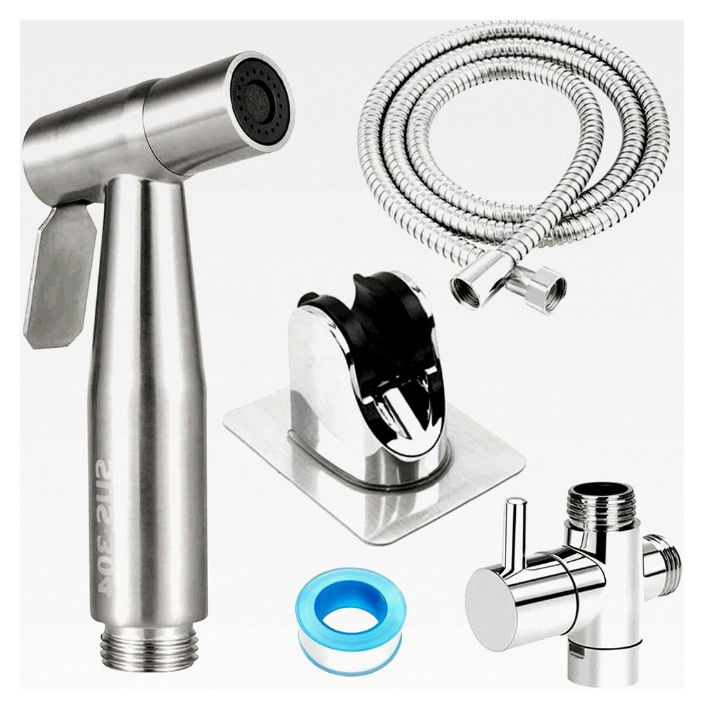 Bidet-Handbrause für WC - Hand Bidet Sprayer Set mit G1/2" T-Ventil, Schlauch und Halter - Silber