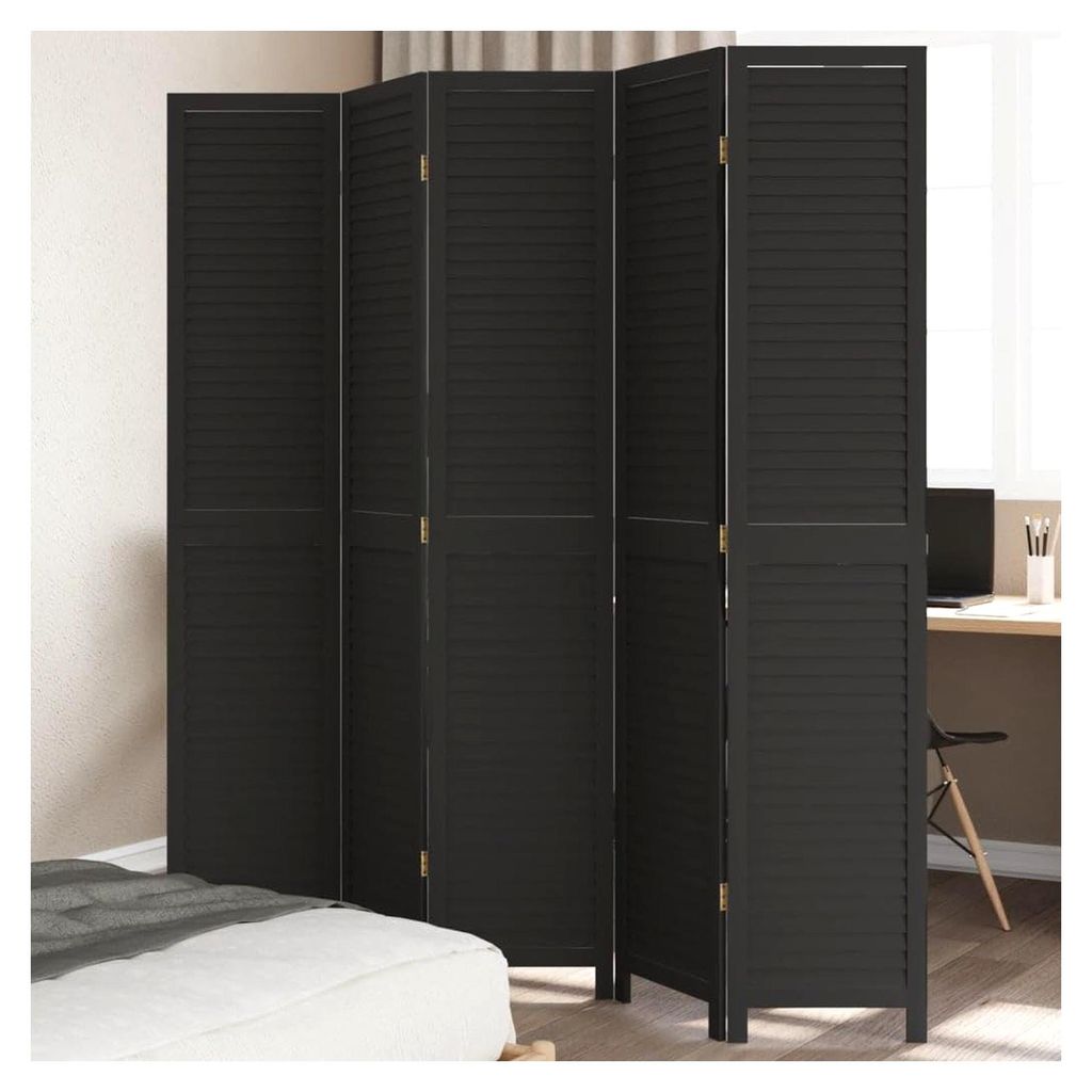5-teiliges Paravent in Schwarz aus Paulownia-Massivholz, 200 cm hoch, flexibler Raumteiler für Privatsphäre, faltbarer Sichtschutz für Wohnzimme...
