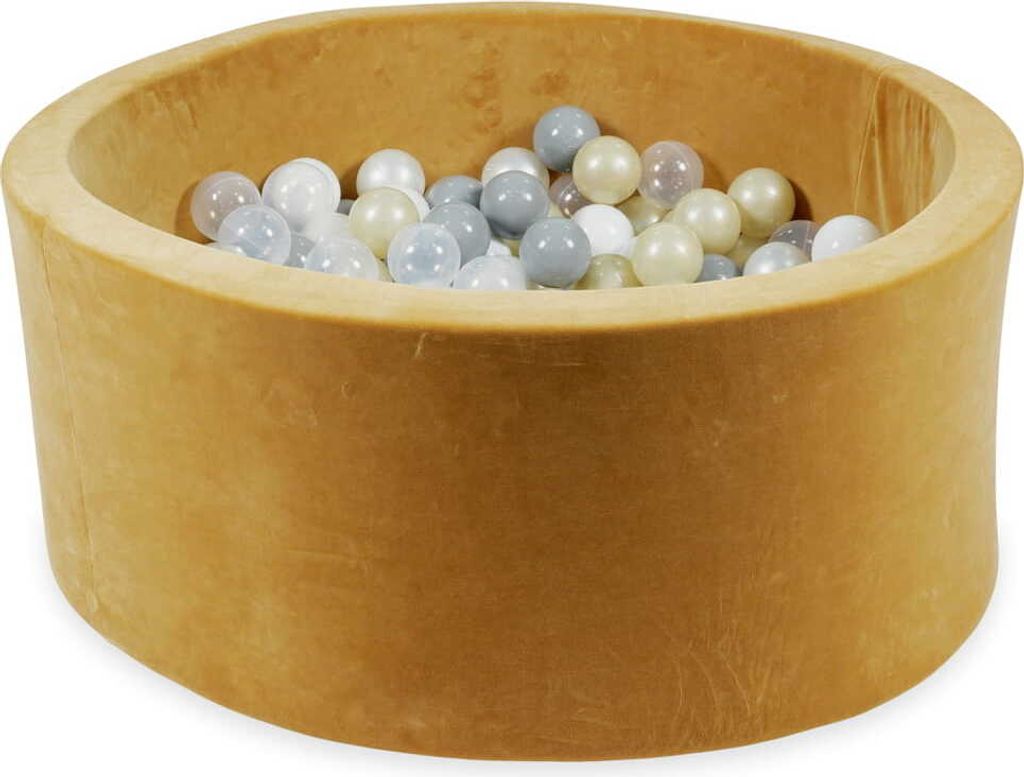 Bällebad 90x40 Samtig weich Carmel – Mit 300 Bällen / transparent, weiß, perlmutt, grau, hellgold