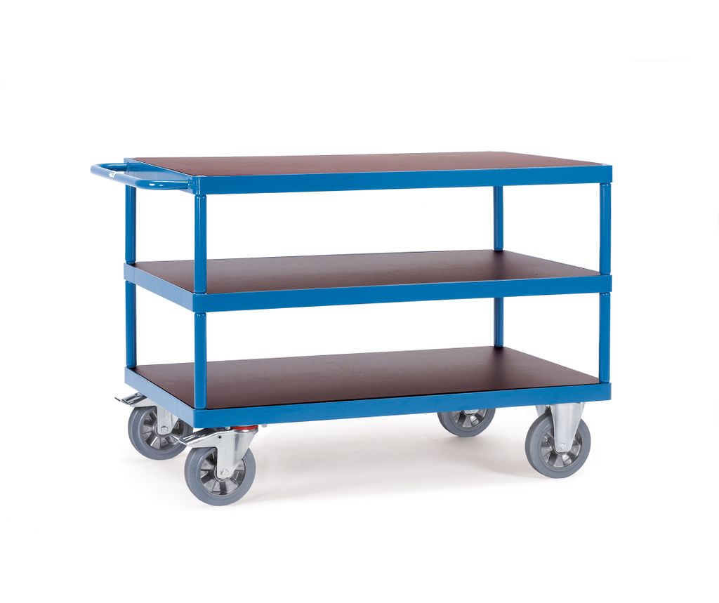 Fetra Tischwagen 1.200 kg LxB 1.600 x 800 mm, 3 Böden, Blau/Siebdruckplatte