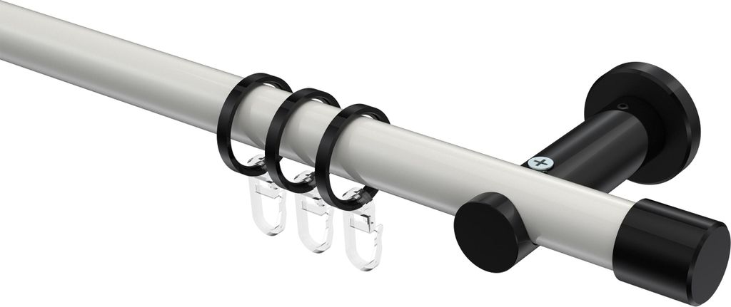Interdeco Gardinenstange / Vorhangstange Weiß / Schwarz, Typ Platon Santo (Kappe), 20 mm Ø 1-läufig, 200 cm