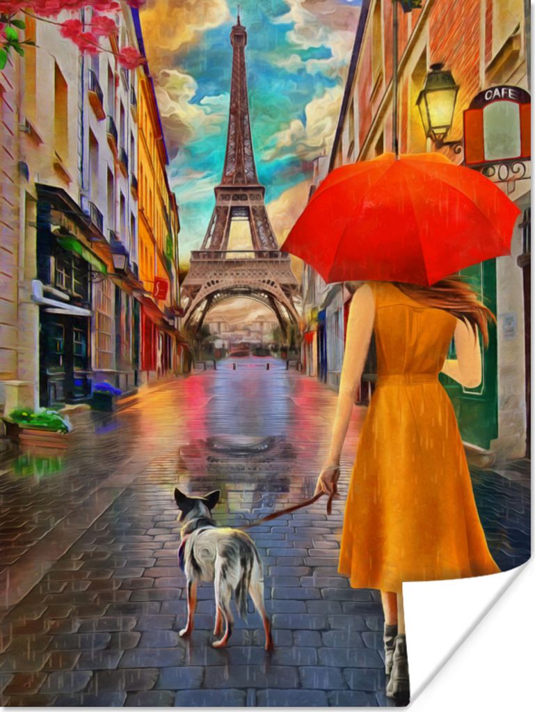 MuchoWow Poster Gemälde - Ölfarbe - Frau - Hund - Paris 60x80 cm - Schlafzimmer Dekoration
